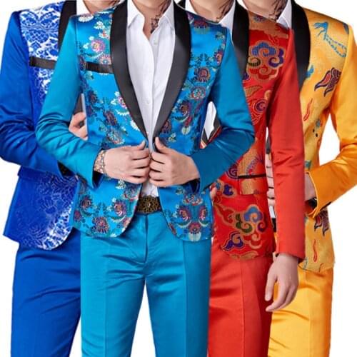 2021 Fashion New Mens Casual Business Host Flower Suit Coat Pants 2 Pcs Set/ Mens Colorful Slim Fit Blazers Jacket Trousers