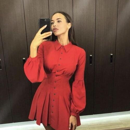 Solid Long-sleeved Button Red Pleated Mini Dress 2020 High Waist Spring Cotton Dress Women Robe Femme Ete