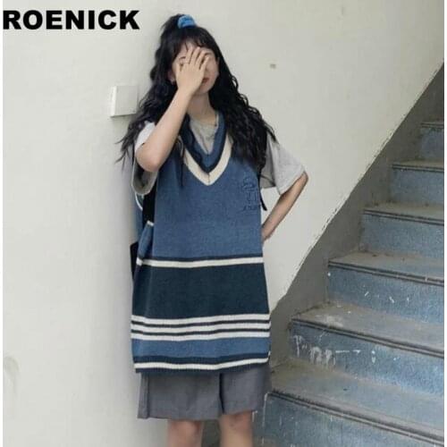 ROENICK Sweaters Vests Women Striped Knitted V-neck Sweater Vest Womens Korean Preppy-style Casual Loose Jumpers Fashion Chic