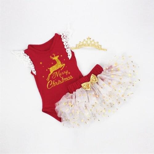 Christmas Baby Girl Clothes Flying sleeve Reindeer Prient baby Romper Girls tutu Dress Set Newborn infant 1st Birthday Outfits