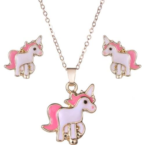 Pink Animal Jewelry Set Chain Kids Jewelry Cartoon Horse Unicorn Necklace Earring Jewelry Sets