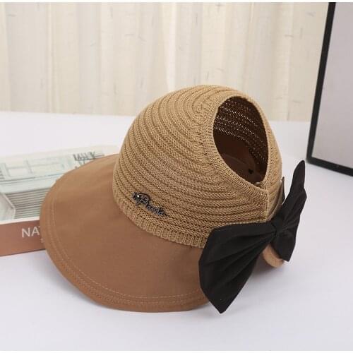 Roll Up Straw Packable Hat Foldable Sun Visor Open Top Cap Sunshade Bowknot Hat Floppy Swimwear Seaside Holiday Adjustable Cap