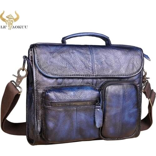 Fashion Blue Genuine Real Leather Male Casual messenger bag Satchel Design 11" Cross-body Shoulder School Book Bag For Men 202