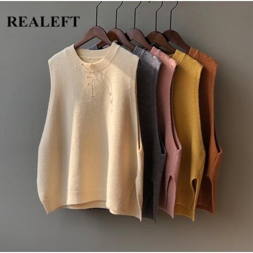 REALEFT Autumn Winter Knitting Womens Tank Sweaters 2021 New O-Neck Minimalism Pullovers Vest Casual Loose Sweaters Female
