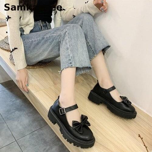 Size 35-40 Women Flats Platform Shoes Spring Autumn Female Patent Leather Shoes Mujer Bow Thick Bottom Mary Janes Black Zapatos
