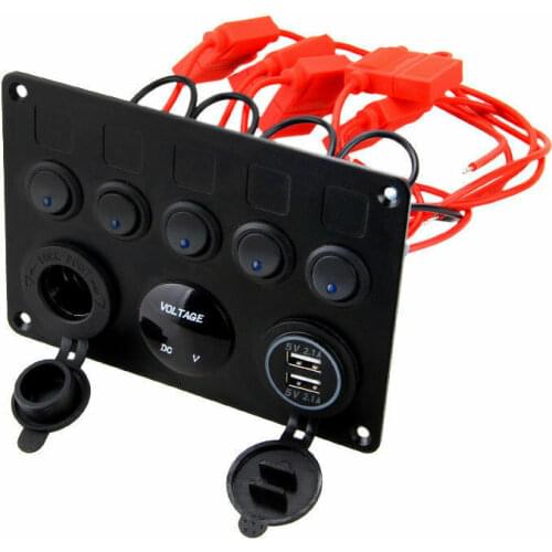 Car Marine Boat Waterproof Switch Panel 12V Fit RV Truck Camper Dual USB Port 12V Outlet Combination Marine LED Rocker 5 Gang