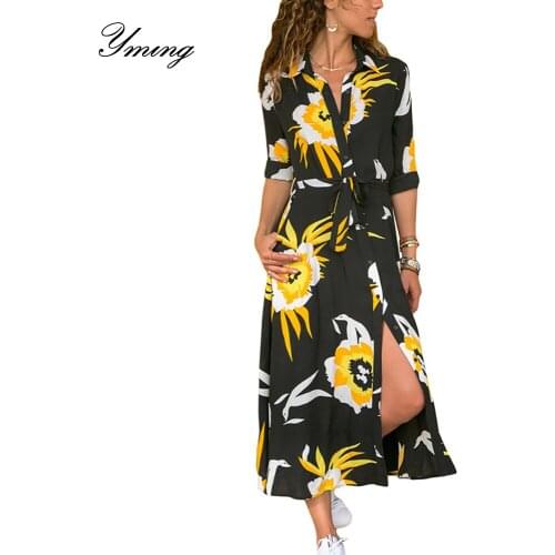 YMING Floral Print Elegent Women Boho Long Dress Party Turn Down Collar Dresses Long Sleeve Plus Size Midi Casual Dress Vestidos