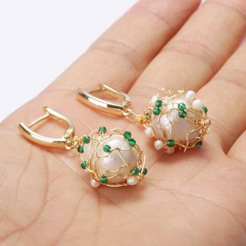 Closed round big white natural freshwater pearl beads gold wire wrapped nest charm elegant dangle earring for woman wedding date