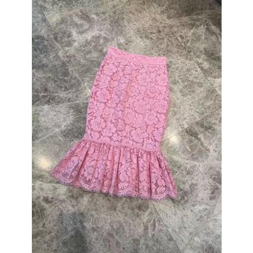 Women 2021 Lace Skirt Midi Ruffle Pink High-waisted Silk Satin Sicily Luxury Runway Top Quality Famous MidCalf Trumpet / Mermaid