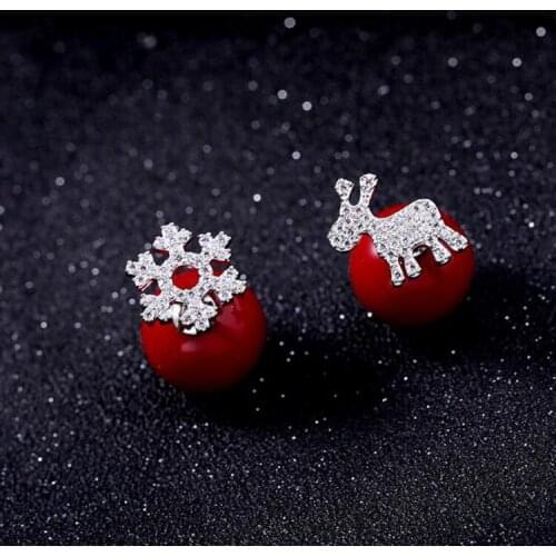 AAA Luxury Cute Deer Snowflake With Pearl Double Side Stud Earrings 925 Silver Pins Earrings for Women Christmas Jewelry