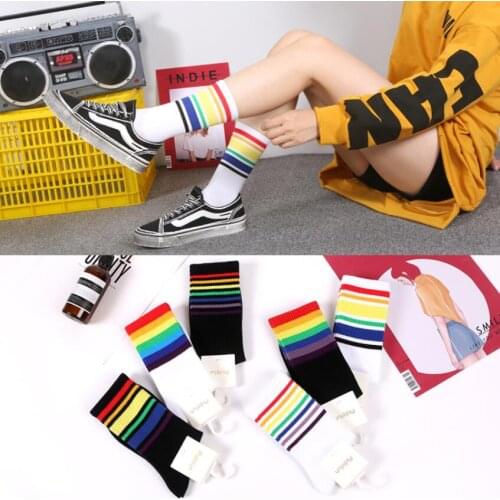 Women Solid Rainbow Cotton Ankle Socks Girls Rainbow Soft Warm Winter Crew Socks Students Black White Knee-High Socks 6pairs/lot