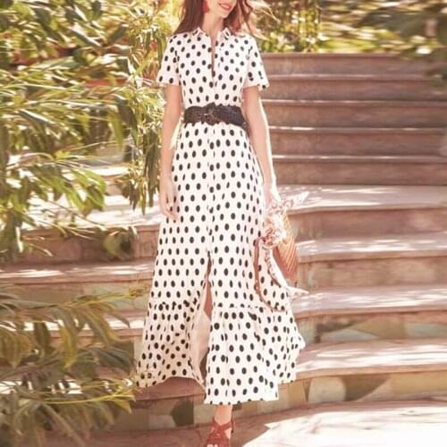 2021 Women Summer Shirt Dress Runway Fashion Turn-Down Collar Office Ladies Dots Print With Belt Ruffles Long Party Dress