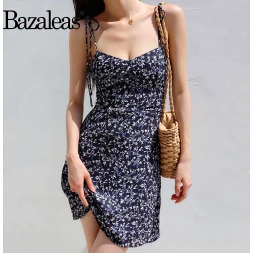 Bazaleas Sexy Spaghetti Strap Women Dress Vintage Summer Dresses Fashion Navy Floral Print Vestidos Casual Drop Shipping