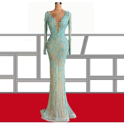 Lace Beaded Scalloped Neckline Green Evening Dress Hand-made 2021 robes de soirée Long vestidos de graduación