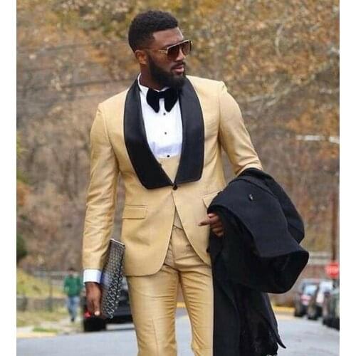 Gold Business Men Blazer 3 Piece Groom Tuxedos For Wedding Formal Prom Suit (Jacket+Pants+Vest) Double Breasted