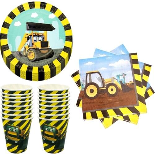 40pcs Cartoon Tractor Excavator Party Disposable Tableware Set Paper Plate Cup Straw Kids Birthday Party Baby Shower Decoration