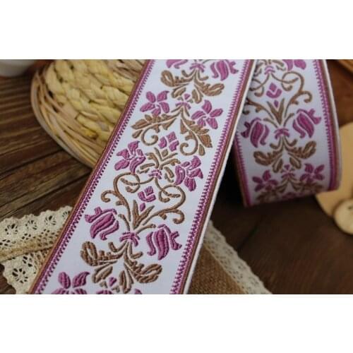 5yards/lot Woven Jacquard Ribbon Flowers Embroidered purple background white 5.7cm ls-0015
