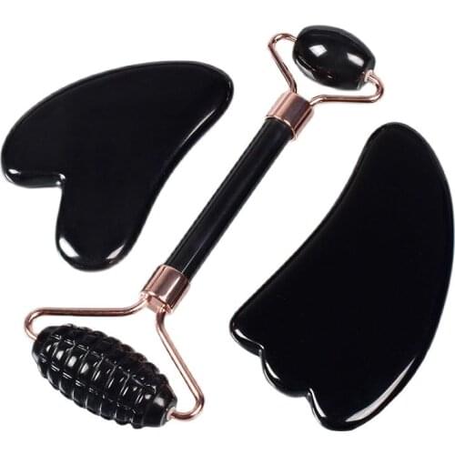 Black Obsidian Face Care Tool Sawtooth Facial Roller Gua Sha Tools Sets Natural Stone Crystal Massager Health Skin Detox Massage