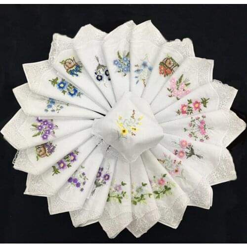 12Pcs Classic 100% Cotton Beautiful Handkerchiefs Women Washable Pocket Embroidered Lace Hankie Towel Lot 28x28cm