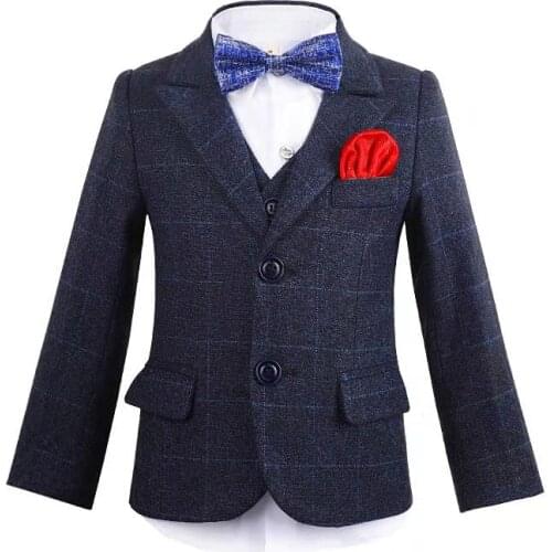 Formal Childrens 3pcs Suit Set Flower Boys Wedding Party Piano Performance Costume Kids Plaid Blazer Vest Pants Clothing Sets