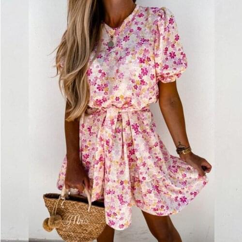 Fashion Sweet Ruffled Beach Dress 2021 Summer Elegant O-Neck Prints Belt Dress Sexy Casual High Waist Vacation Dresses Vestidos