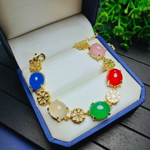 Natural Colorful Jade And Silver Bracelet Women Genuine Certified Jades Stone Colorful Chalcedony Bracelets Fine Jewelry Bangles