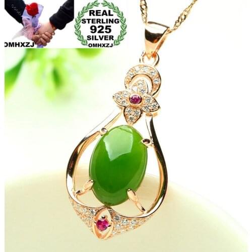 OMHXZJ Wholesale European Fashion Woman Girl Party Wedding Gift Green Jasper Zircon S925 Sterling Silver Pendant Necklace NA101