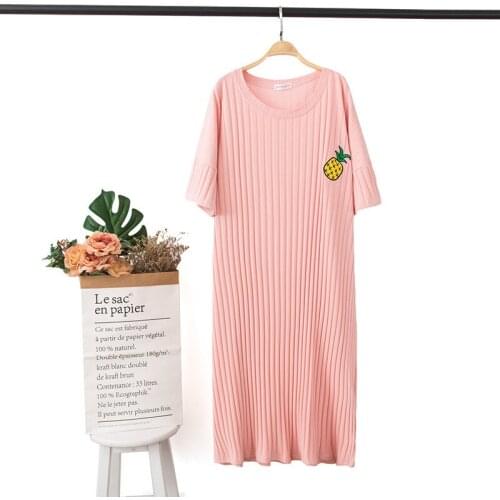 New Fruit Embroidery Short-sleeved Sexy Sleepwear Knitted Cotton Pyjamas Leisure Extra-large Home Clothes Round Neck Nightgowns