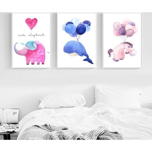 Nordic Style Watercolor Whale Elephant Horse Posters and Prints Wall Art Canvas Painting Decorative Picture Kids Room Decoration
