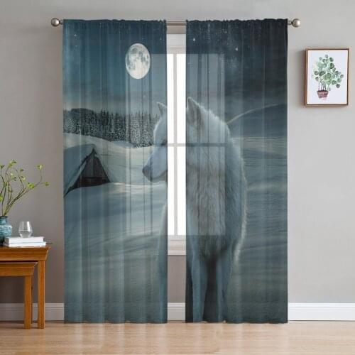 Full Moon Snowfield Wolf Starry Sky Sheer Curtains for Living Room Modern Voile Curtain Bedroom Tulle Curtains Window Drapes