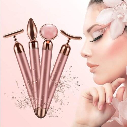 4 in 1 Vibrating Rose Quartz Roller Face Roller Eye Massager Jade Roller T/V Shaped Face Lifting Slimming Beauty Bar Massager