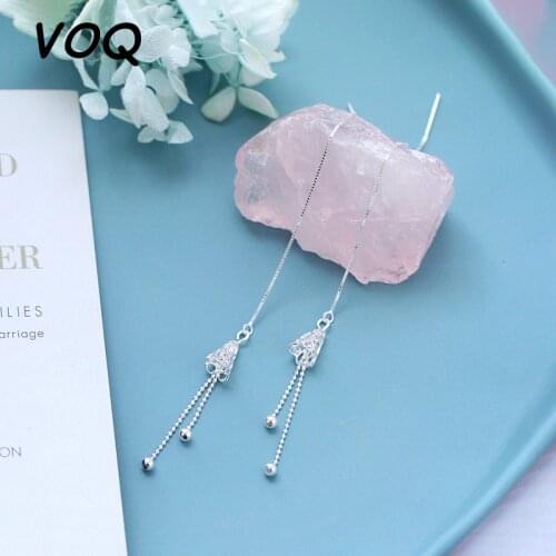 VOQ 925 Sterling Silver Delicate Hollow Wind Chimes Ear Line Long Tassel Chain Earrings for Wome