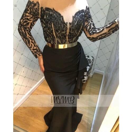 Modest Sparkly Arabic Muslim Evening Gown Crepe Long Sleeve Ruffle Bodice Luxury Beading Design Evening Party Women Dress Black