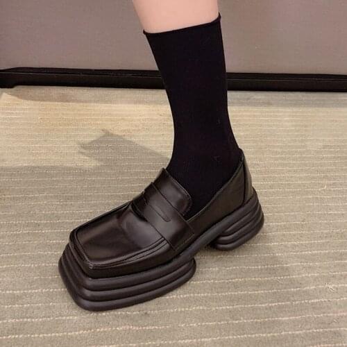 Women Shoes Designer Brand Harajuku Square Toe Heels Woman Pumps Casual Chunky Shoes Black White Platform Heels Damen Schuhe