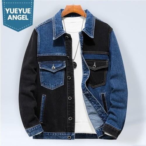 Vintage Mens Autumn Denim Jacket Colors Mixed Single Breasted Loose Fit Hip Hop Coat Casual Streetwear Male Cowboy Jacket 5XL