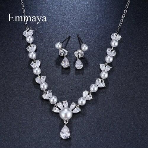 Emmaya Brand Luxury Elegance White Gold AAA Cubic Zircon Adjustable Crystal Earrings Necklace Set For Women Bride Jewelry Gift