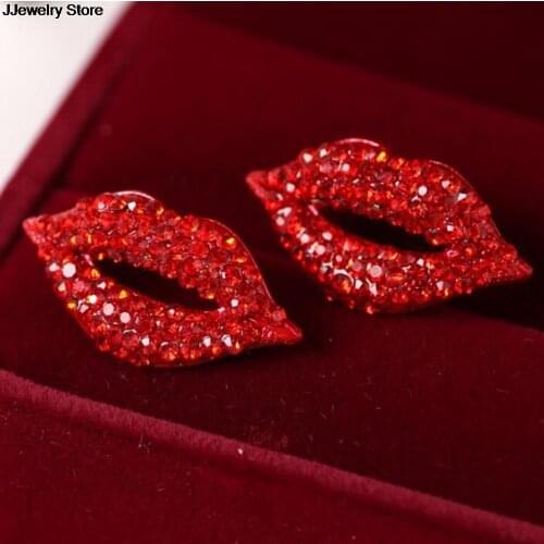 New High Quality Big Brand Classic Luxurious Elegant Sexy Women Red Lip Rhinestone Earrings For Women Girls