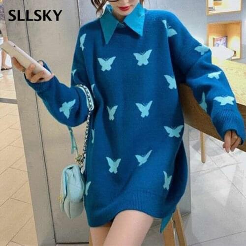 SLLSKY Butterfly Print Women Sweater 2020 Fashion New O-Neck Collar Female Pullovers Long Knitted Plus size Loose Sweater Tops