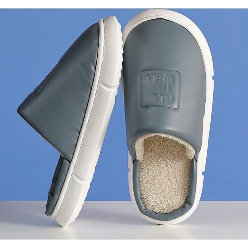 2021 Winter Mens Slippers Women Trend Alphabet Couple Cotton Slippers Home PU Flip Flops Waterproof Warm Plush Ladies Shoes