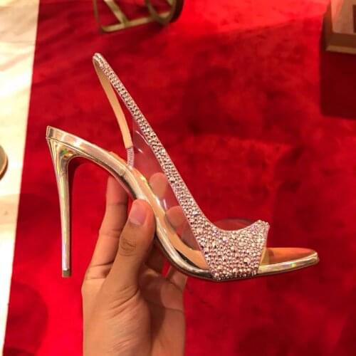 Golden Bling Rhinestone Strap PVC Patchwork Sandals Summer Slingback Wedding Pumps Ladies Peep toe Thin Heels Woman Party Shoes