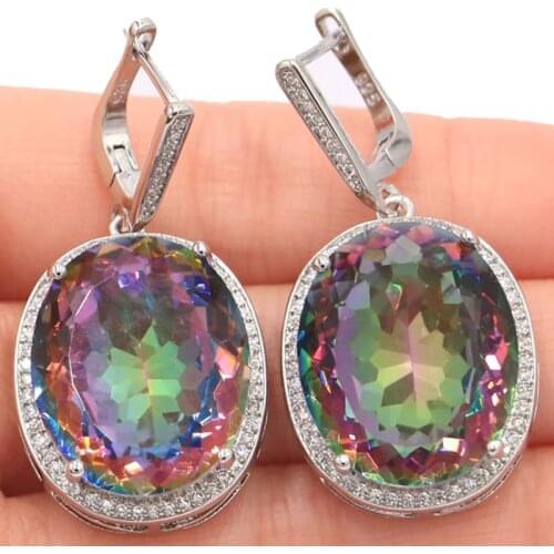 34x21mm SheCrown Jewelry Set Created Created Fire Rainbow Mystic Topaz For Women Dating Fine Jewelry Silver Pendant Eye Catching