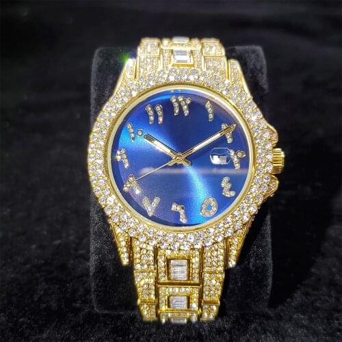 MISSFOX Full Diamond Mans Watch Luxurious Arabic Digital Gold Man Quartz Watch Blue Dial Stainless Steel Watches For Men Hiphop