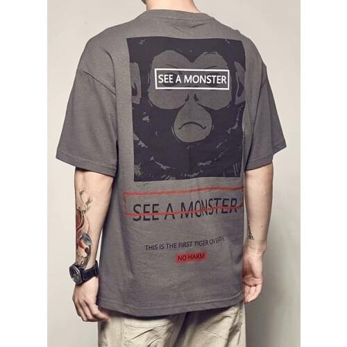 Animal Anime Letter Print 100% Cotton Tops Tees Men Tshirts Japan Style Casual Couple Wear T-shirts Loose Streetwear Pullover