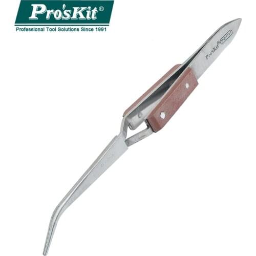 ProsKit 1PK-117T Wooden Handle Stainless Steel Curved Tweezers(164mm)Reverse Action Cross-Leg Soldering Tweezer Machining Tools