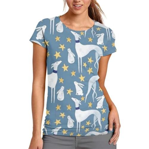 Kawaii Women Cartoon Greyhound Dog Print Lady T-shirts Hare And Stars Top T Shirt Ladies Womens Graphic Female Tee T-Shirt