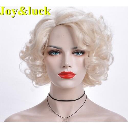 Joy&luck Short Blonde Wig Natural Curly Wigs Blond Synthetic Wigs With Bangs Hair Wigs Cosplay Wig or Daily Hair Style