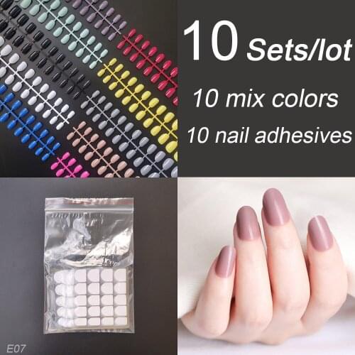 Stick On Round Shape False Nail Tips 10 Sets Mixed Colors With Nail Adhesive Fake Nail Press On Nail Tips DIY 10 Sizes