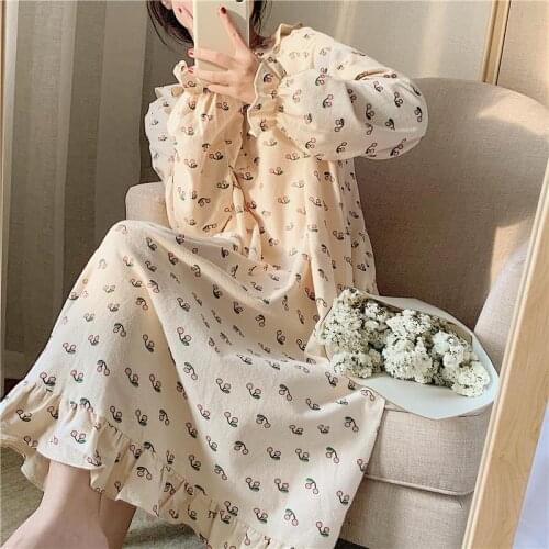 Ruffles Nightgown Cotton Loose Korean Sleepwear Long Sleeve Vintage Cherry Print Homewear Soft Cotton Home Clothes Nightdress