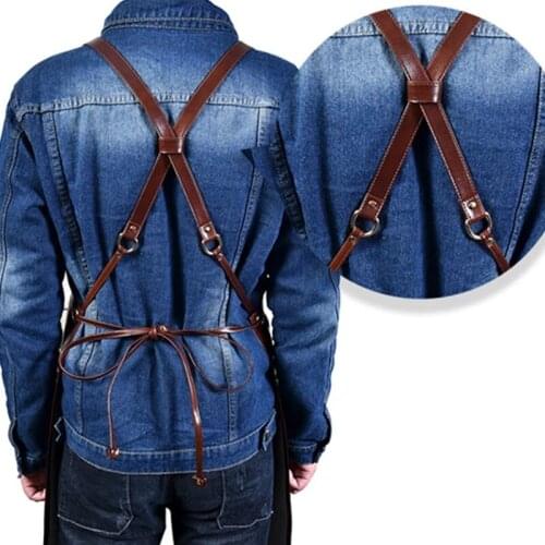 Workwear PU Leather Apron Crossback Strap Barista Bartender Pastry Chef Cafe Bistro BBQ Grill Uniform Florist Barber Carpenter