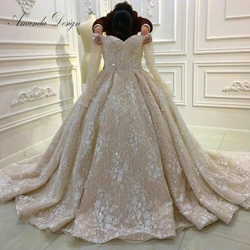 Amanda Design Off Shoulder Long Sleeve Lace Appliques Flowers Luxury Long Train Wedding Dress